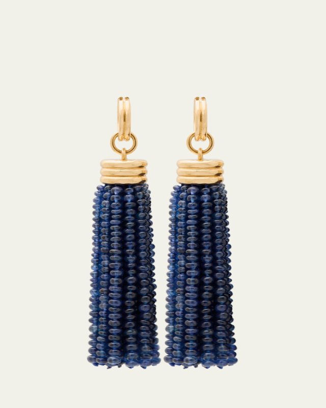 18K Yellow Gold Triple Tassel Blue Sapphire Rondelles Earrings